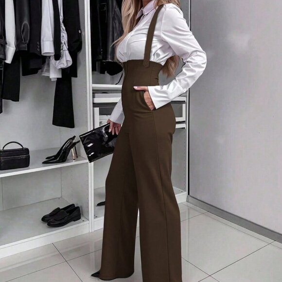 Coffee Brown Elegant Women's Spaghetti Strap Wide Leg Jumpsuit - Picture 2 of 6